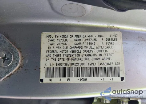 2008 Honda Accord 3.5 Ex-L из США, поврежденный, VIN 1HGCP36818A021504